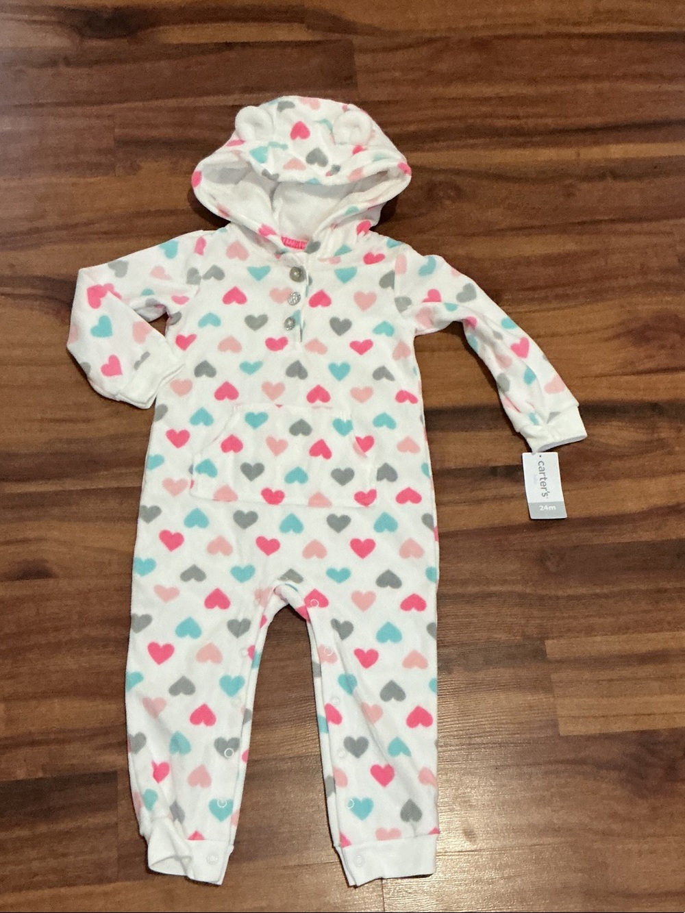 Carter's White Hooded One-Piece with Pink, Teal and Gray Hearts 24 months nwt